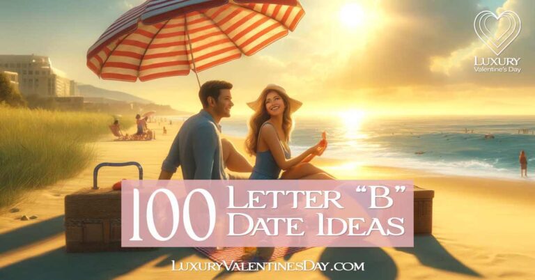 Alphabet Dates Beginning with B - Couple enjoying a beach day, sitting on the sand with an umbrella and playing with a beach ball | Luxury Valentine's Day