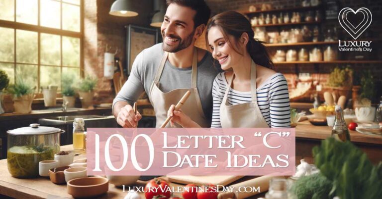Alphabet Date Ideas Beginning with Letter C : Couple enjoying a cooking class, working together in a professional kitchen | Luxury Valentine's Day