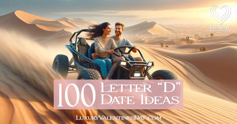 Alphabet Date Ideas Beginning with Letter D : Couple enjoying a thrilling dune buggy ride in a desert landscape | Luxury Valentine's Day