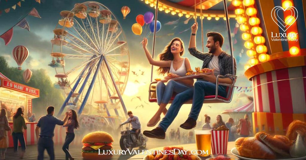 Alphabet Date Ideas Beginning with Letter F : Couple enjoying a fun fair adventure, riding a Ferris wheel, playing games, and indulging in fair food | Luxury Valentine's Day