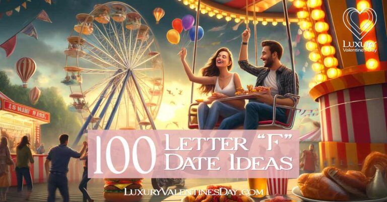 Alphabet Date Ideas Beginning with Letter F : Couple enjoying a fun fair adventure, riding a Ferris wheel, playing games, and indulging in fair food | Luxury Valentine's Day
