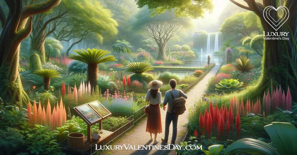 Alphabet Date Ideas Beginning with Letter G : Couple exploring a beautiful botanical garden on a guided tour | Luxury Valentine's Day