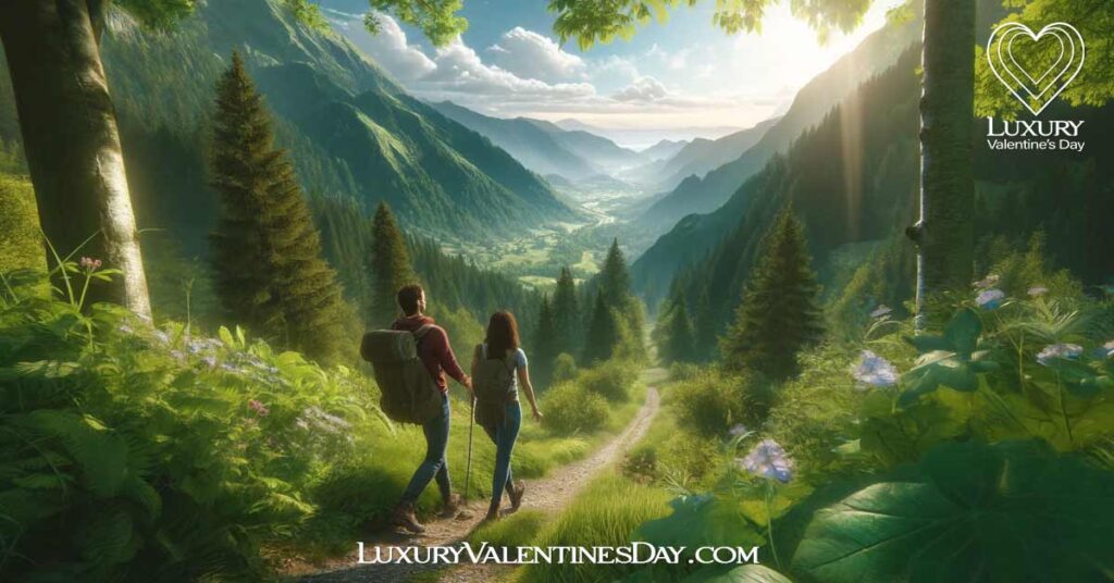 Alphabet Date Ideas Beginning with Letter H : Couple enjoying a scenic hiking adventure on a beautiful trail | Luxury Valentine's Day