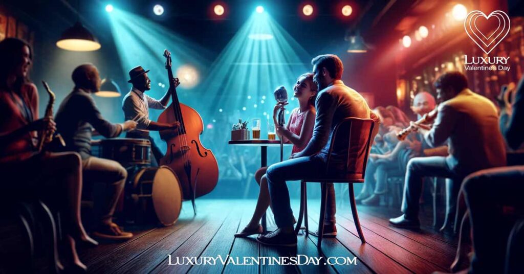 Alphabet Date Ideas Beginning with Letter J : Couple enjoying live jazz music at a local jazz club | Luxury Valentine's Day