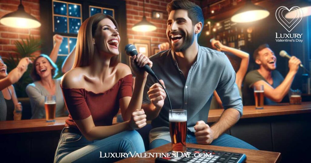 Alphabet Date Ideas Beginning with Letter K : Couple enjoying a karaoke night at a local bar | Luxury Valentine's Day