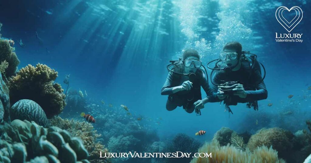 Alphabet Date Ideas Beginning with Letter U : Couple experiencing underwater diving | Luxury Valentine's Day