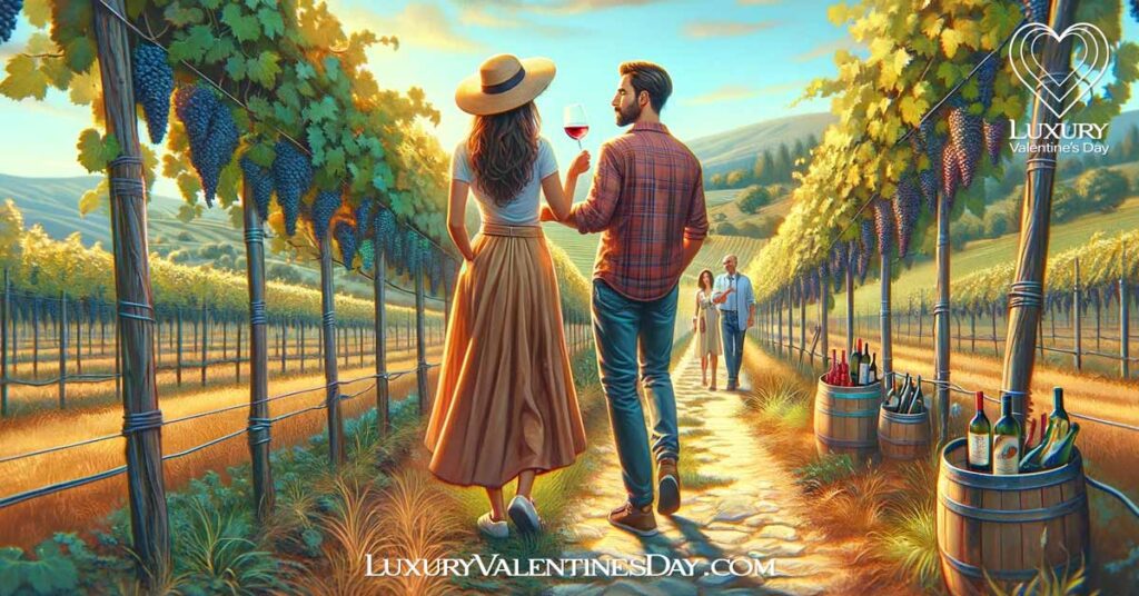 Alphabet Date Ideas Beginning with Letter V : Couple enjoying a vineyard tour | Luxury Valentine's Day