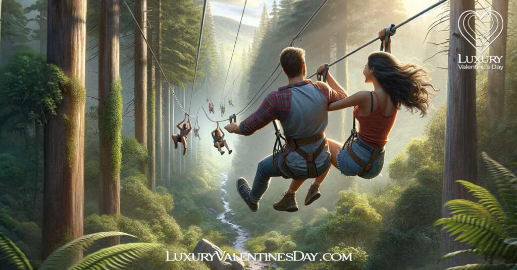 Alphabet Date Ideas Beginning with Letter Z : Couple zip-lining through the forest | Luxury Valentine's Day
