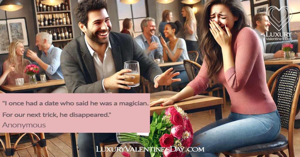 Awkward Date Moments Made Funny : Couple on an awkward first date at a cafe, woman knocking over a vase | Luxury Valentine's Day