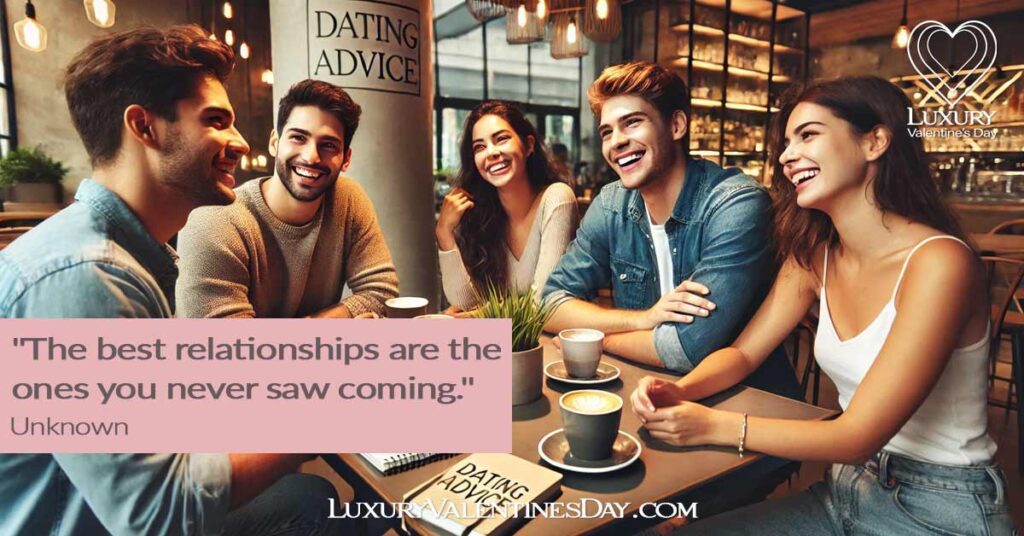 Best Dating Advice Quotes : Group of friends having a lively discussion at a trendy indoor cafe | Luxury Valentine's Day