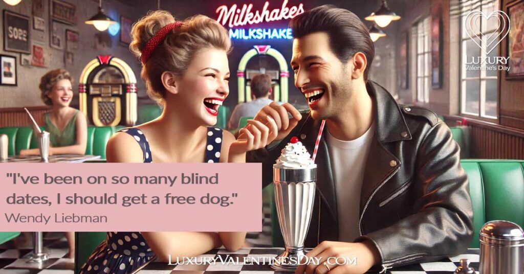 Classic Funny Dating Sayings : Couple on a classic date at a retro diner, laughing and enjoying milkshakes | Luxury Valentine's Day