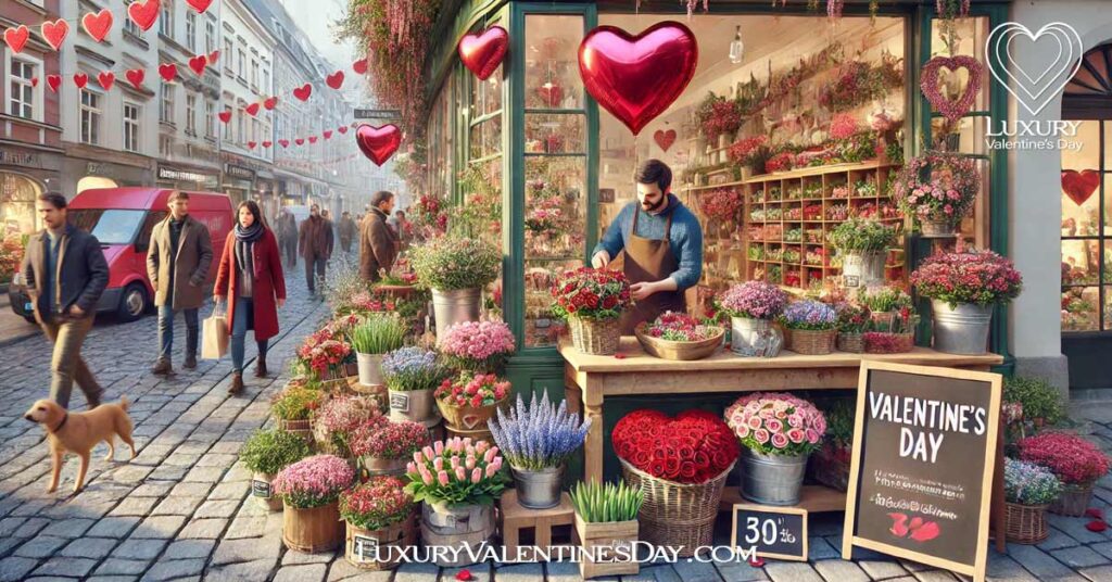 Commercial Aspects of Valentine's Day in Austria : Busy flower shop in Austria on Valentine's Day with colorful bouquets | Luxury Valentine's Day