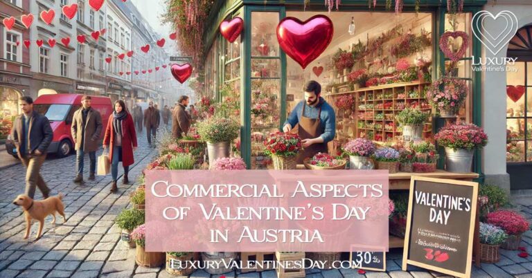 Commercial Aspects of Valentine's Day in Austria : Busy flower shop in Austria on Valentine's Day with colorful bouquets | Luxury Valentine's Day