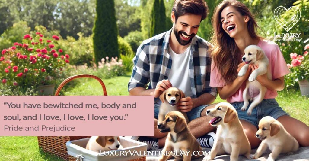 Cute Dating Quotes: Couple sitting on a picnic blanket in a park, surrounded by playful puppies | Luxury Valentine's Day