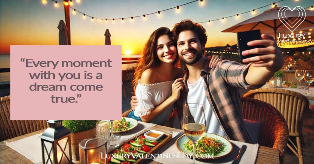 Date Night Captions for Instagram : Couple taking a selfie at an outdoor restaurant | Luxury Valentine's Day