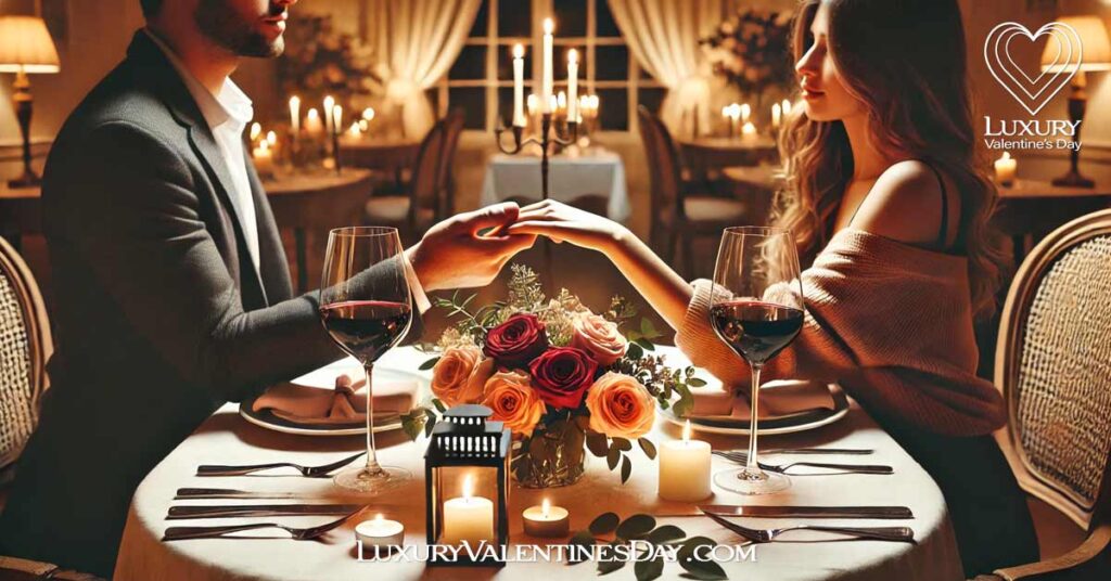 Date Night Quotes and Captions : Romantic dinner date with couple holding hands | Luxury Valentine's Day