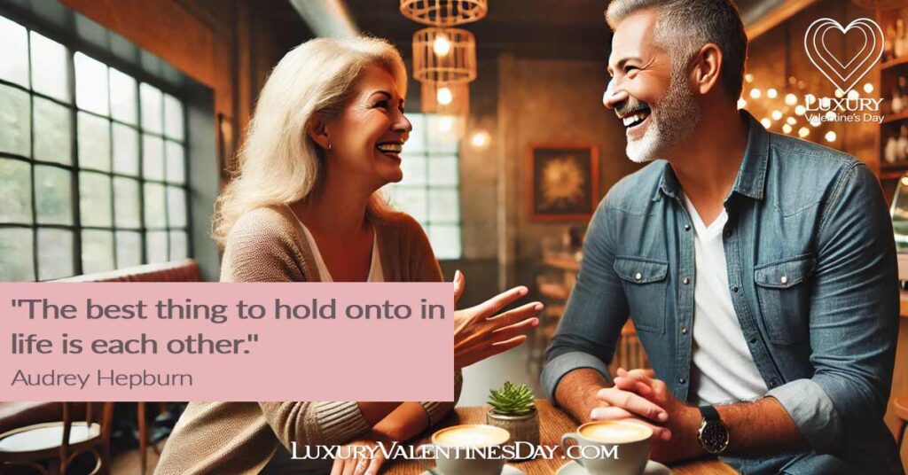 Dating Again Quotes : Middle-aged couple enjoying a casual coffee date at a cozy cafe | Luxury Valentine's Day