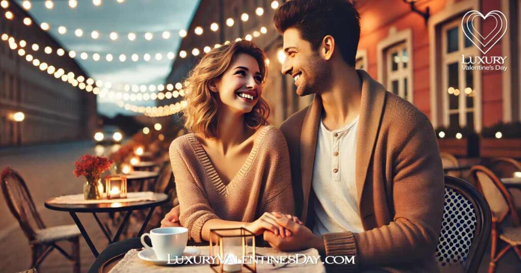 Dating Quotes : Romantic couple sharing a laugh at an outdoor cafe | Luxury Valentine's Day