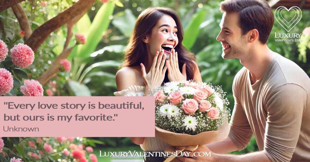 Dating Quotes for Her : Man surprising a woman with a bouquet of flowers in a garden | Luxury Valentine's Day