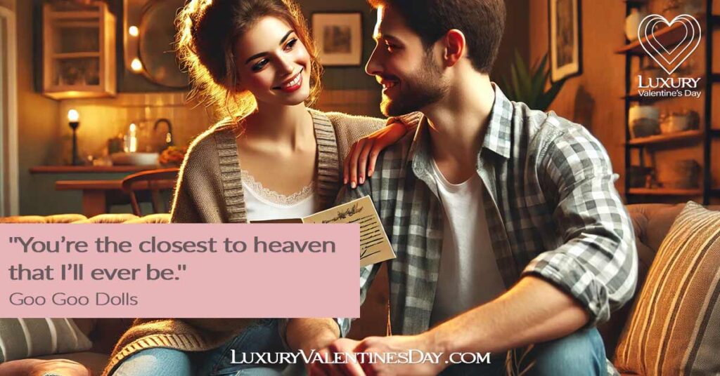 Dating Quotes for Him : Woman holding a handwritten note and smiling at the man on the couch | Luxury Valentine's Day