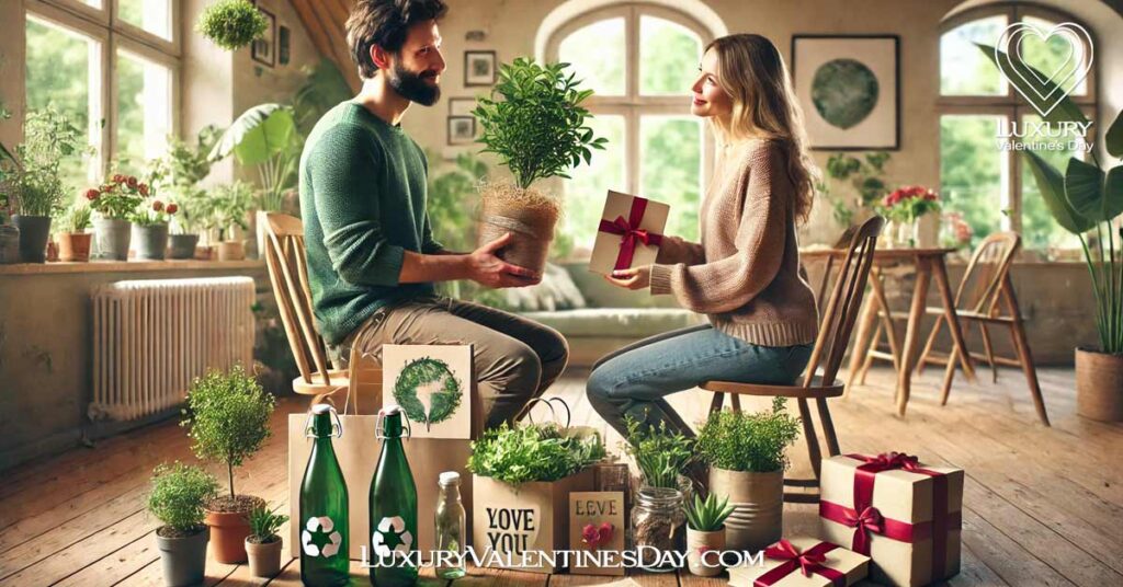 Environmental Considerations in Austrian Valentine's Day : Couple exchanging eco-friendly Valentine's Day gifts in Austria. | Luxury Valentine's Day