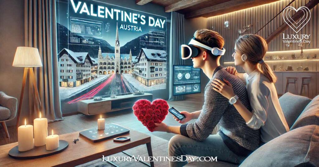 Evolution of Valentine's Day in Austria : Couple using virtual reality headsets to explore a romantic destination in Austria. | Luxury Valentine's Day