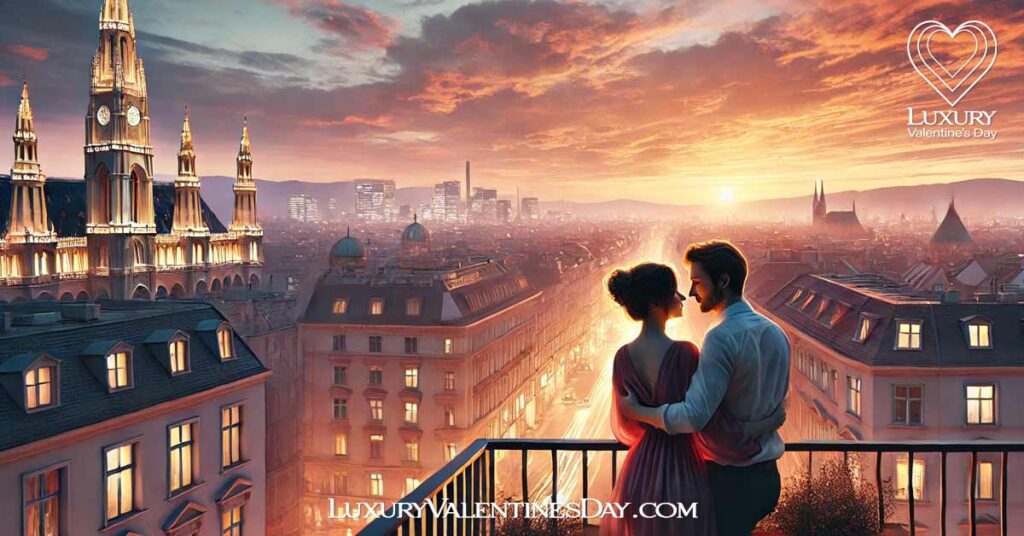 Final Thoughts Austrian Valentine's Day : Romantic moment on a balcony overlooking Vienna at sunset. | Luxury Valentine's Day