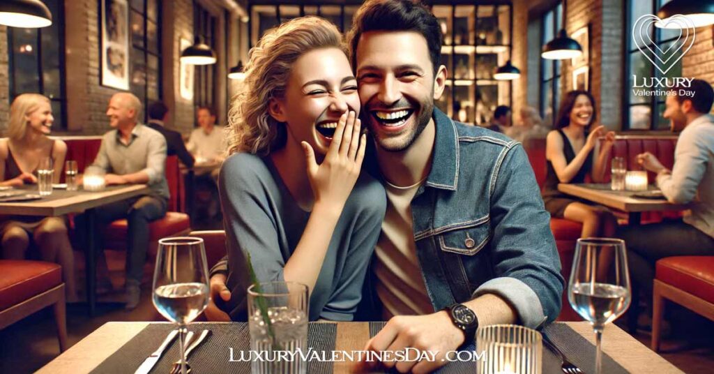 Funny and Hilarious Dating Quotes : Happy couple laughing together in a cozy restaurant | Luxury Valentine's Day