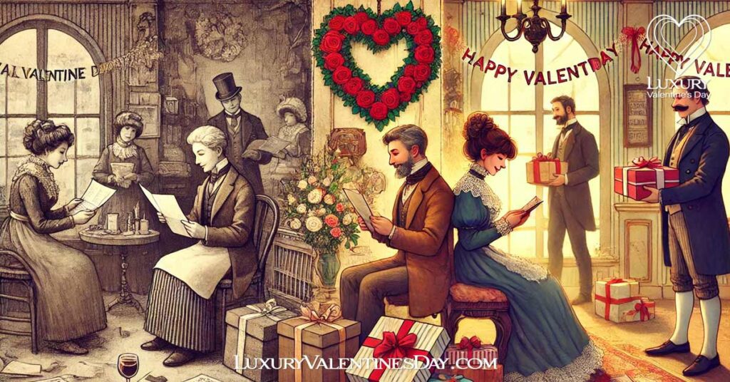 History of Valentine's Day in Austria : Historical scene showing the evolution of Valentine's Day in Austria from early 20th century to modern times. | Luxury Valentine's Day