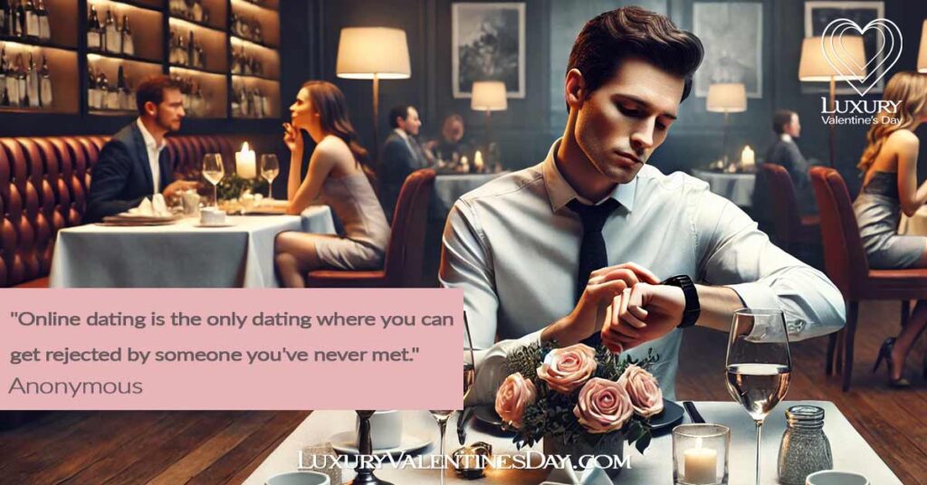 Modern Dating Woes : Young man sitting alone at a fancy restaurant, looking frustrated while checking his watch | Luxury Valentine's Day