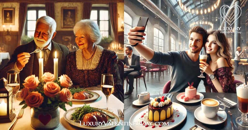 Modern Trends in Austrian Valentine's Day: Split screen of an old Austrian couple with a young Austrian Couple. | Luxury Valentine's Day