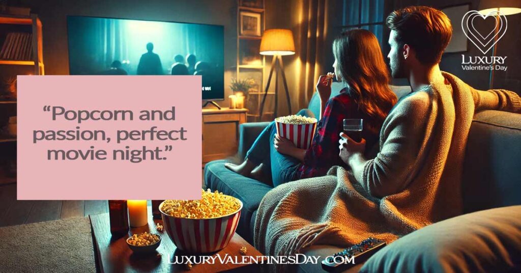 Movie-Night Date Captions Instagram : Couple sitting on a cozy sofa with popcorn and drinks, watching a movie | Luxury Valentine's Day