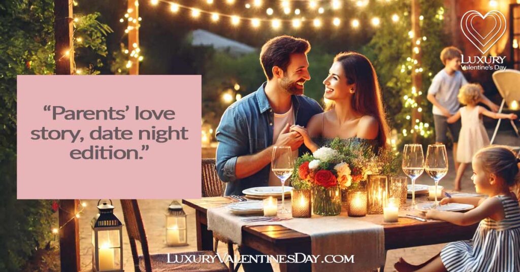 Parent Date Night Captions : Couple at an outdoor restaurant enjoying a romantic dinner while their children play | Luxury Valentine's Day