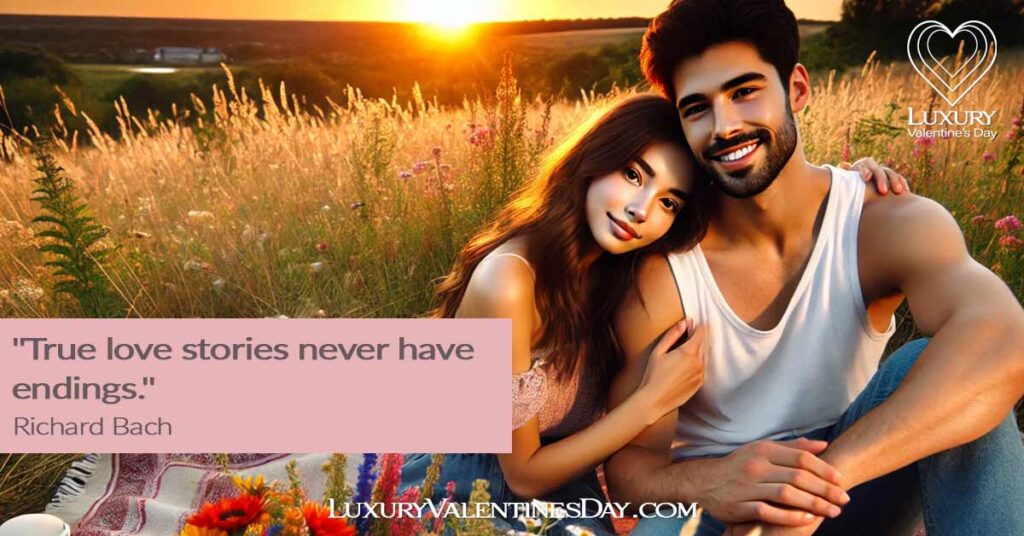 Romantic Dating Quotes : Mixed race couple sitting together in a meadow at sunset | Luxury Valentine's Day