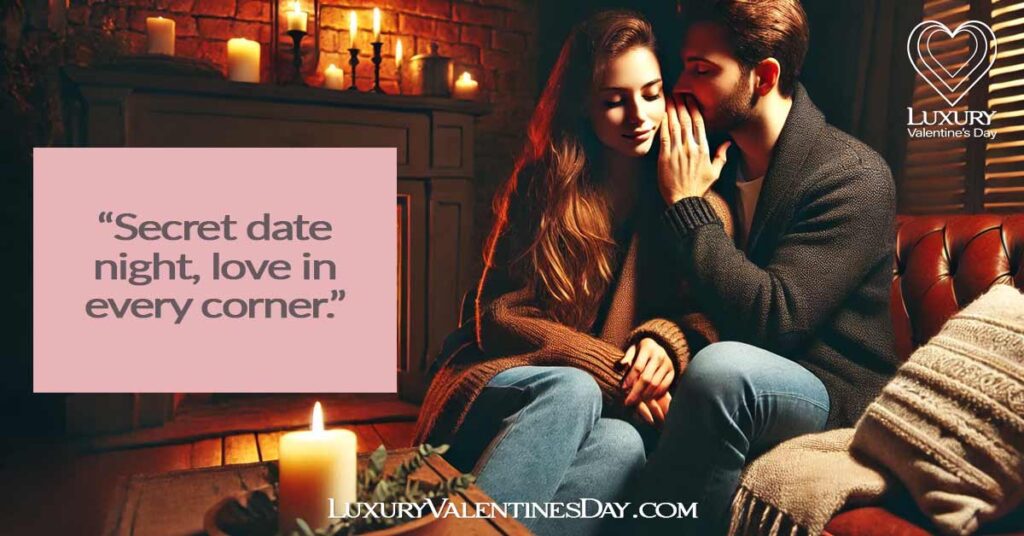 Secret Date Night Captions : Couple having a secret date night in a cozy, dimly lit room with a fireplace | Luxury Valentine's Day