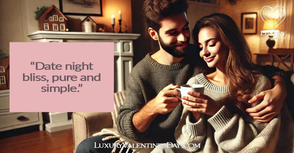 Short Date Night Captions : Couple sitting on a cozy sofa at home, sharing hot chocolate | Luxury Valentine's Day