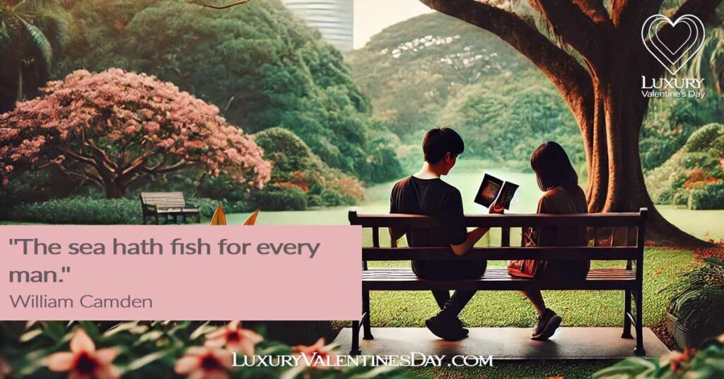 Short Dating Quotes : Couple sitting on a park bench reading a book of quotes | Luxury Valentine's Day