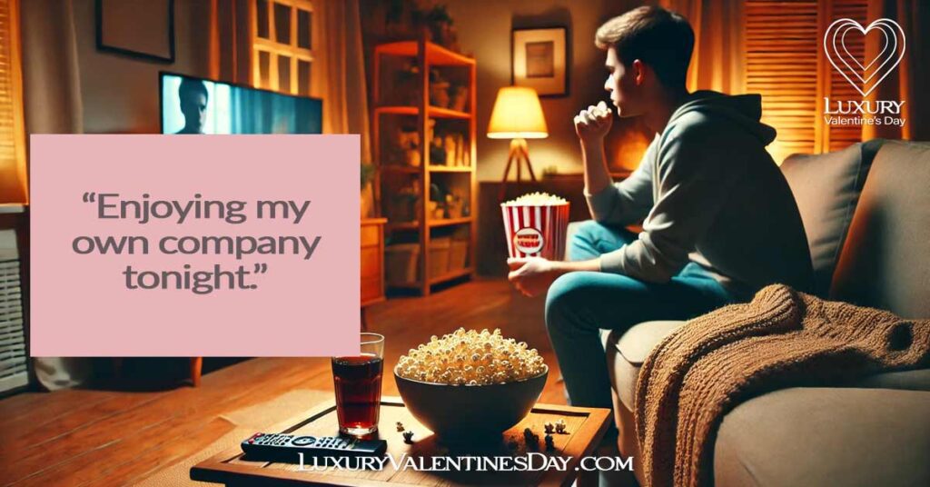 Solo Date Night Captions for Instagram : Person watching a movie alone at home, sitting on a cozy sofa with a bowl of popcorn and a drink | Luxury Valentine's Day