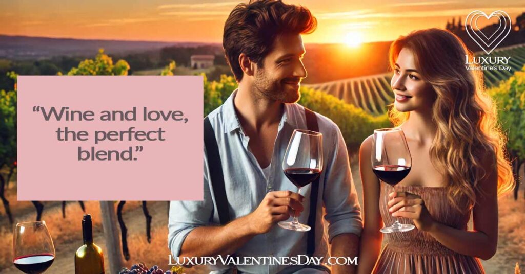 Wine Date Night Captions : Couple enjoying a wine tasting in a vineyard during sunset | Luxury Valentine's Day