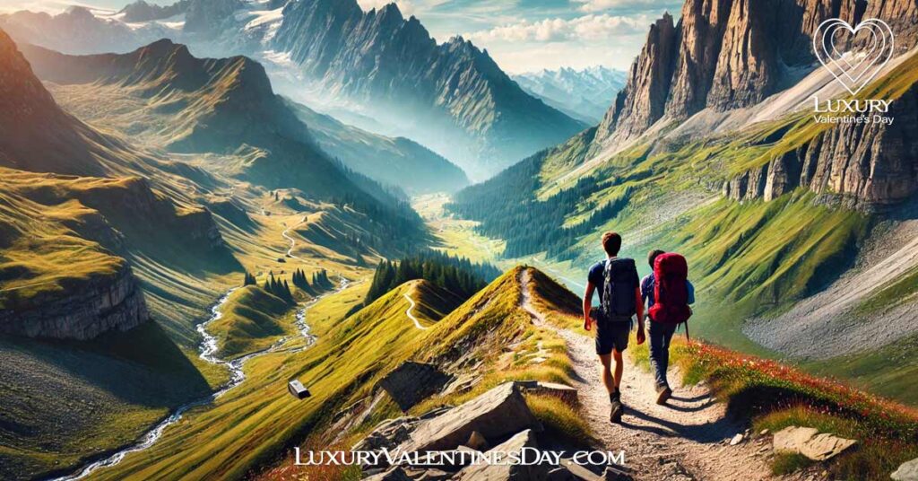 Activity Level : Couple hiking on a mountain trail with scenic views of peaks and valleys | Luxury Valentine's Day