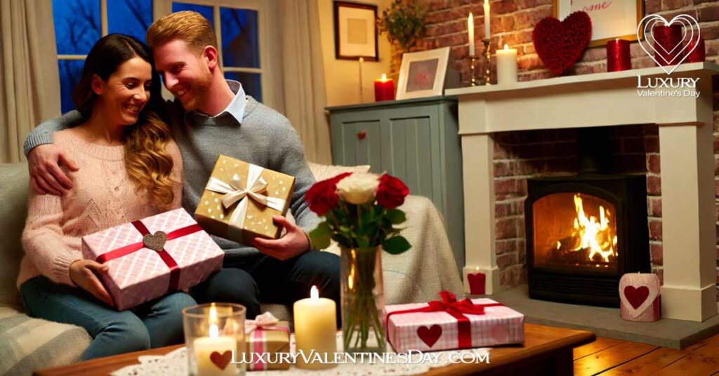 Add Personal Touches Making Valentine's Day : Couple exchanging personalized gifts in a cozy living room on Valentine's Day | Luxury Valentine's Day