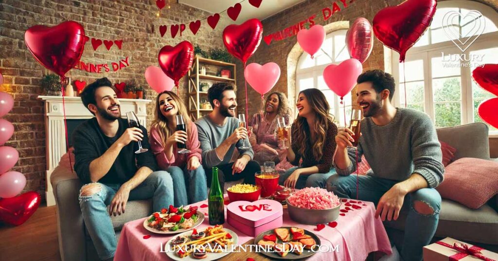 Alternative Celebration Styles for Valentine's Day : Group of friends celebrating Valentine's Day with a themed party at home, featuring heart-shaped balloons and festive decorations | Luxury Valentine's Day