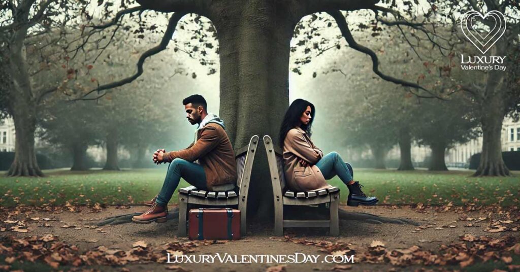 Breakups and Moving On Relationship Quotes : Mixed-race couple sitting apart on a park bench with sad expressions | Luxury Valentine's Day