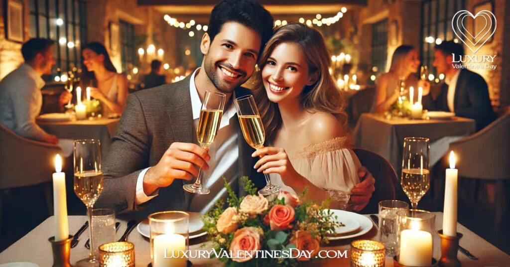 Celebration Relationship Quotes : Couple toasting with champagne glasses during a romantic dinner | Luxury Valentine's Day