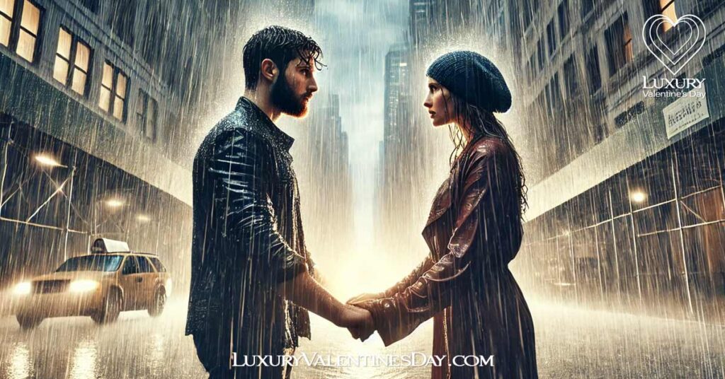 Challenges and Growth Relationship Quotes : Couple holding hands tightly while standing in the rain. | Luxury Valentine's Day