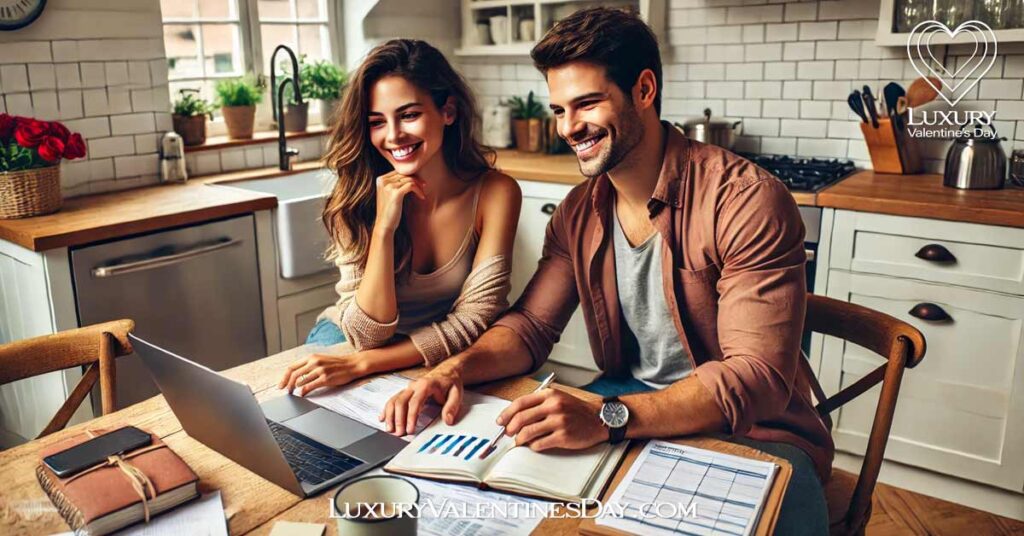 Collaborative Planning for Valentine's Day : Couple planning Valentine's Day together at a kitchen table with a laptop and notes | Luxury Valentine's Day