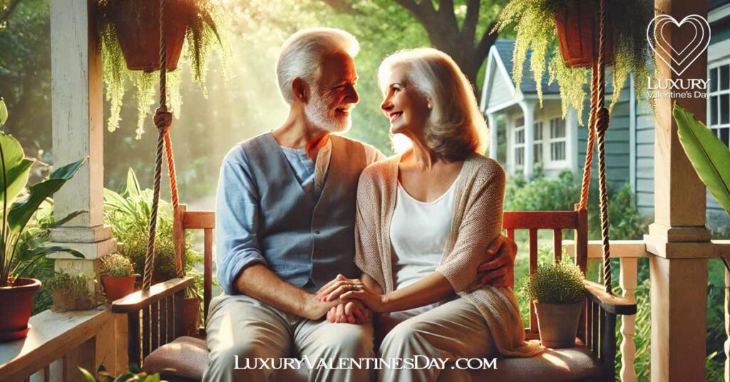 Committed Relationships Quotes : Older couple sitting on a porch swing, holding hands in a garden | Luxury Valentine's Day