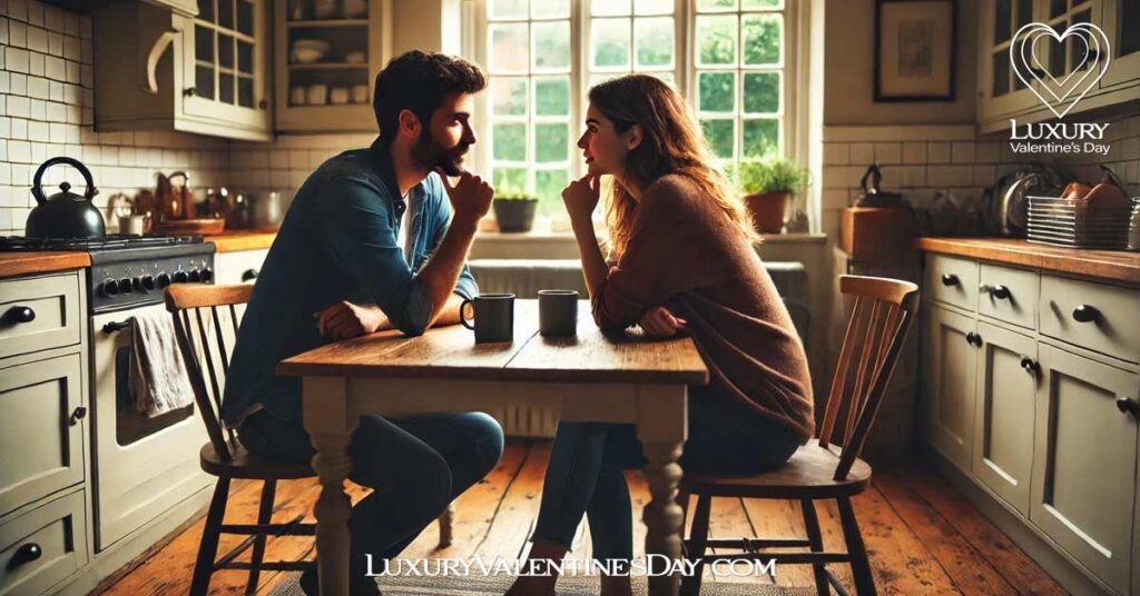 Communication Quotes in Relationships : Couple engaged in deep conversation at a kitchen table. | Luxury Valentine's Day