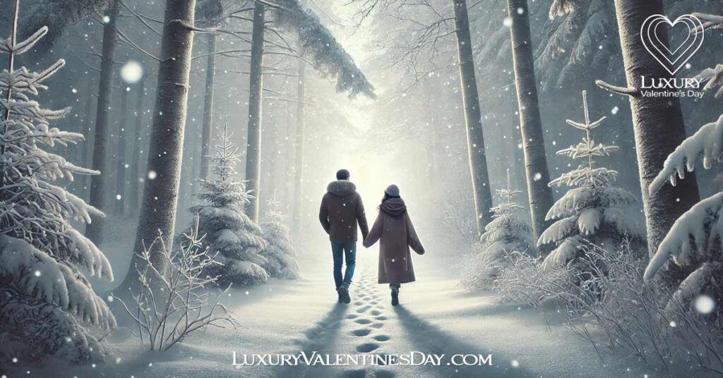 Crafting the Perfect Valentine's Day : Couple walking through a snowy forest on Valentine's Day | Luxury Valentine's Day