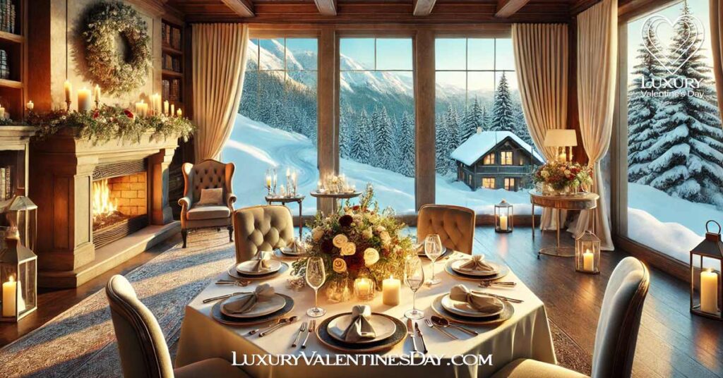 Crafting the Perfect Valentine's Day Experience : Valentine’s Day dinner setting in a mountain chalet with a view of snow-covered peaks | Luxury Valentine's Day